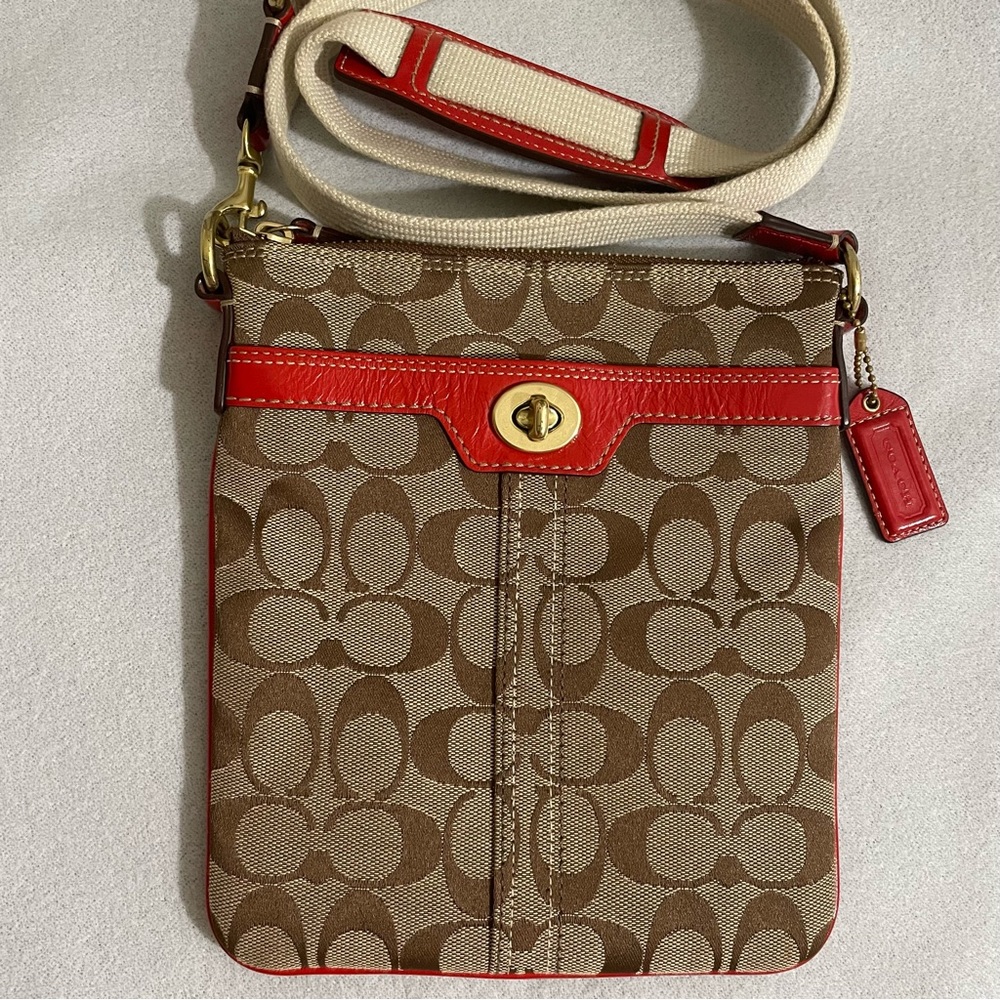 Coach Signature Canvas Crossbody Orange/ Red leather Trim